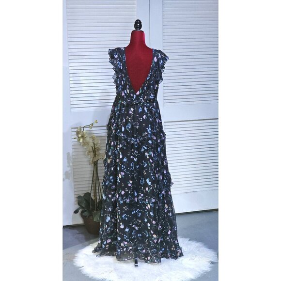 Mac Duggal Women's Black Floral Ruffled Chiffon Leena Maxi Dress Size 8 2808 - Picture 7 of 16
